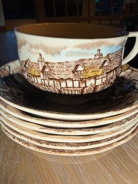 Olde English Tea Cup Johnson Bros Vintage Scenic Transferware Set 6